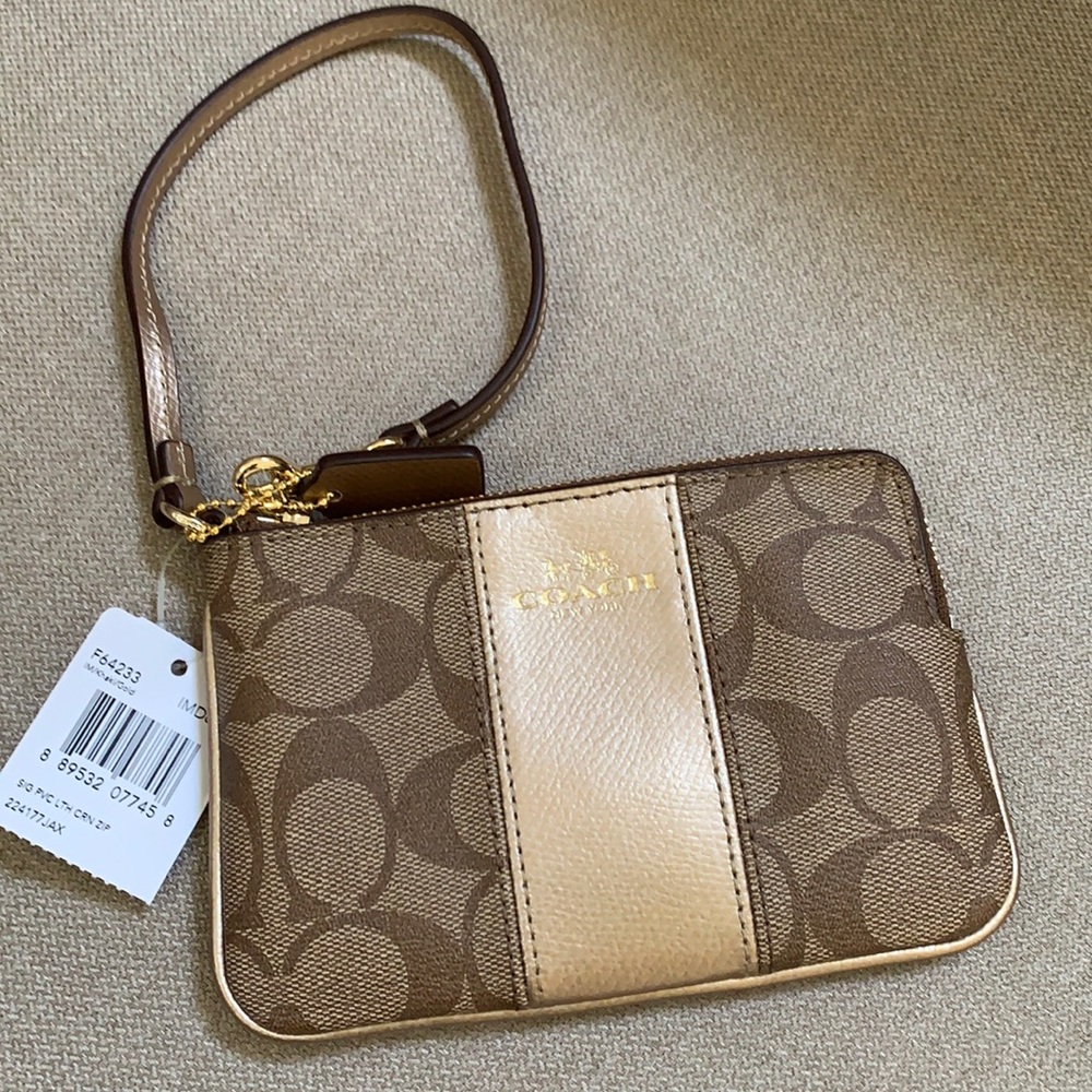 Coach Brown Signature Canvas Wristlet with Gold Accent